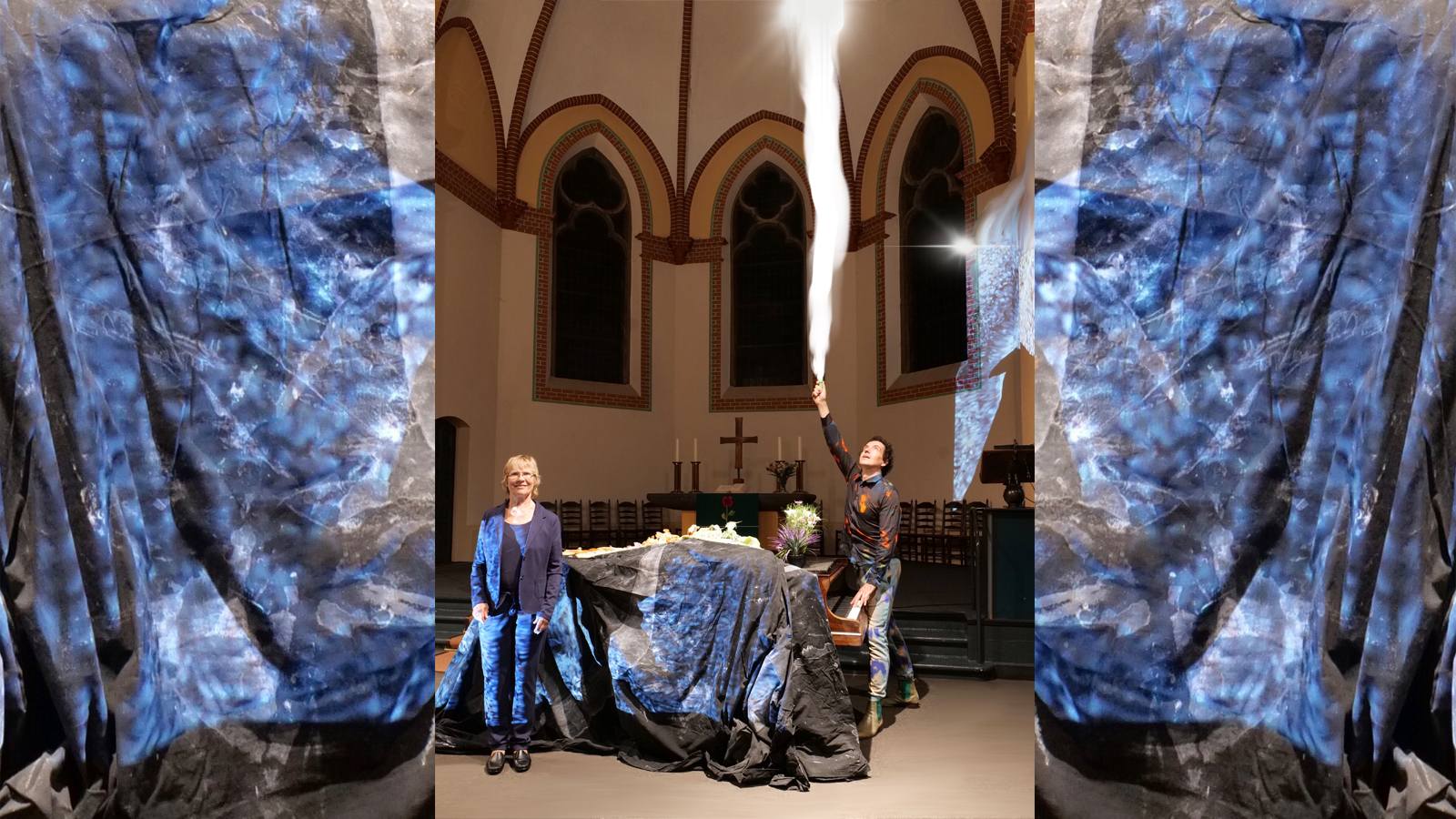 Kantorin Susanne Hertel und Künstler in der Mutterhauskirche; Lichtreflexe