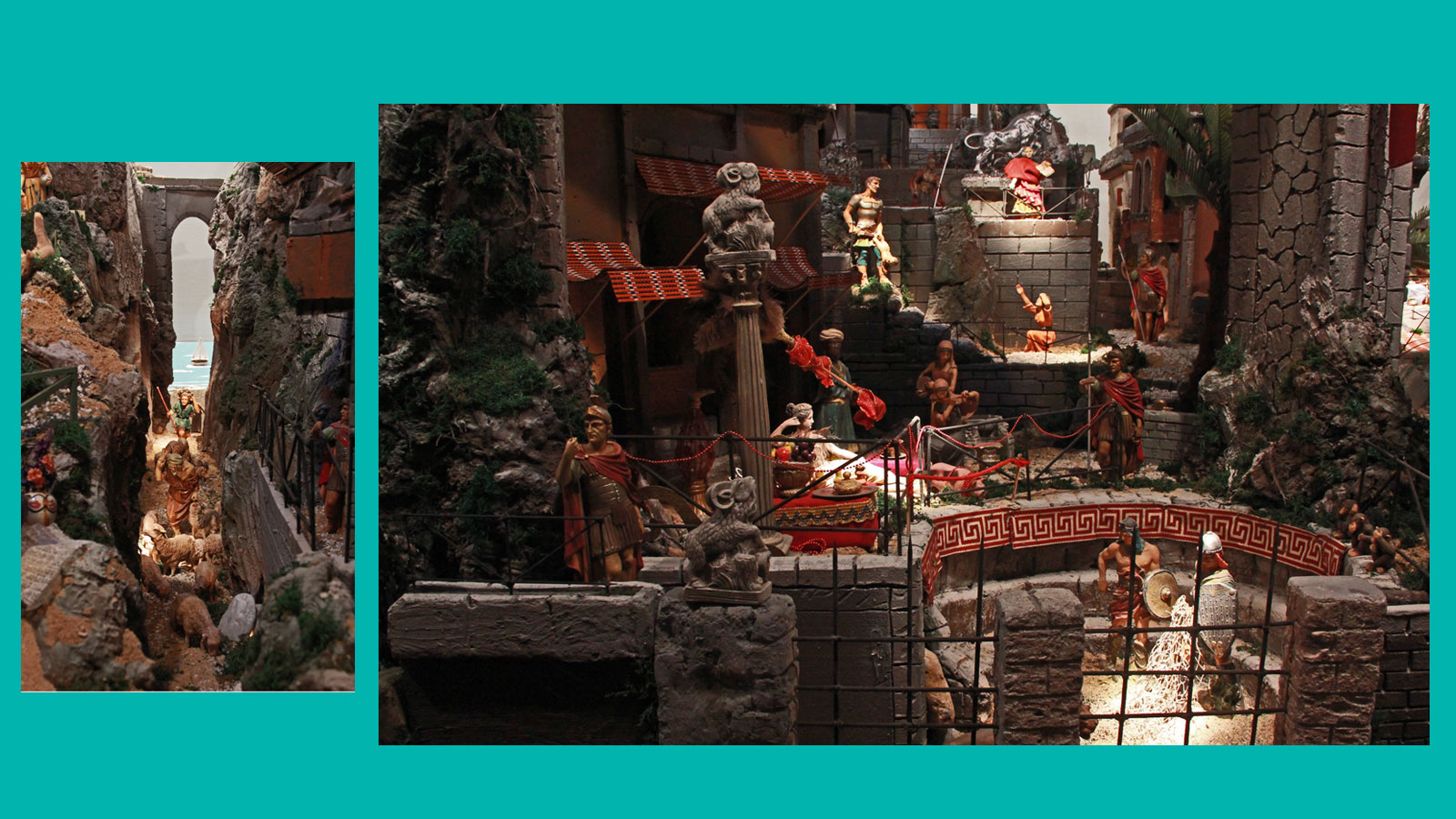 Krippe mit antikem Theater, Soldaten und einer Römerin