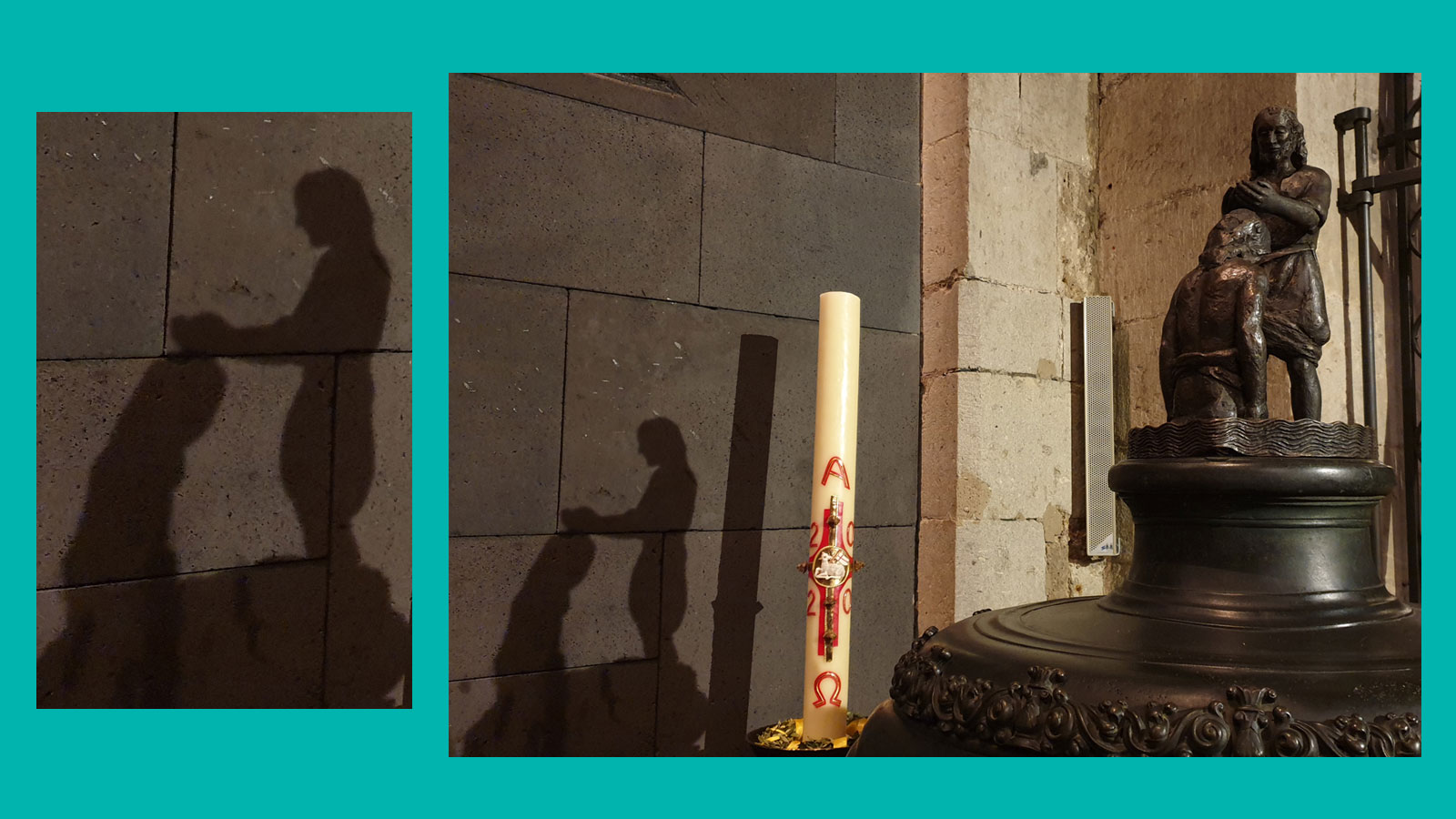 Taufbecken mit KErze, an der Wand ein Schattenwurf eines Mannes, der einen anderen MAnn tauft