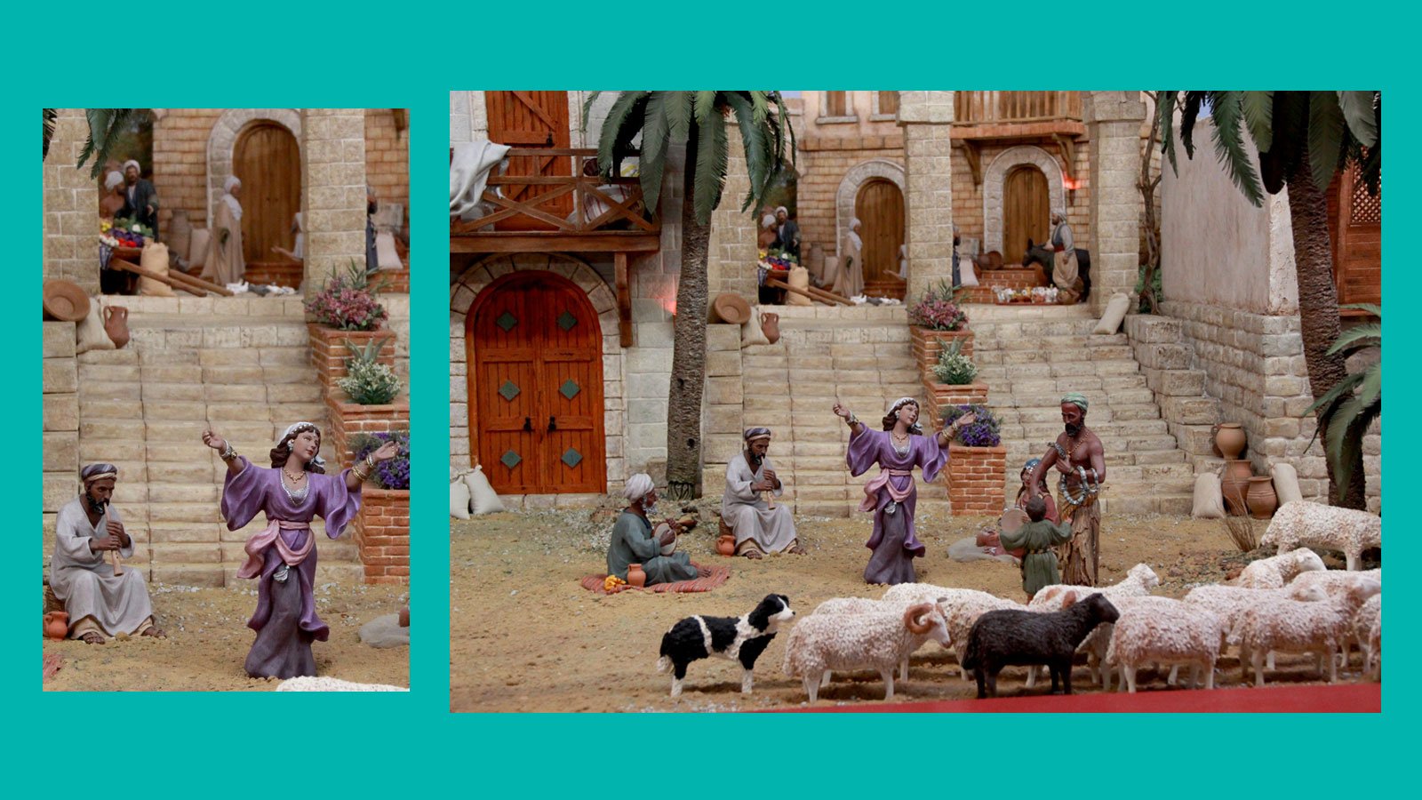 Krippenszene: Musiker und eine Tänzerin, im Vordergrund Schafe