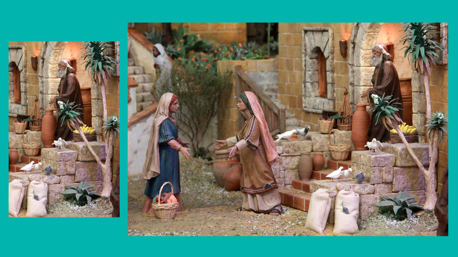 ein alter MAnn steht in einer Haustür. Vor dem Haus zwei Frauen, die sich freuen, sich zu begegnen.