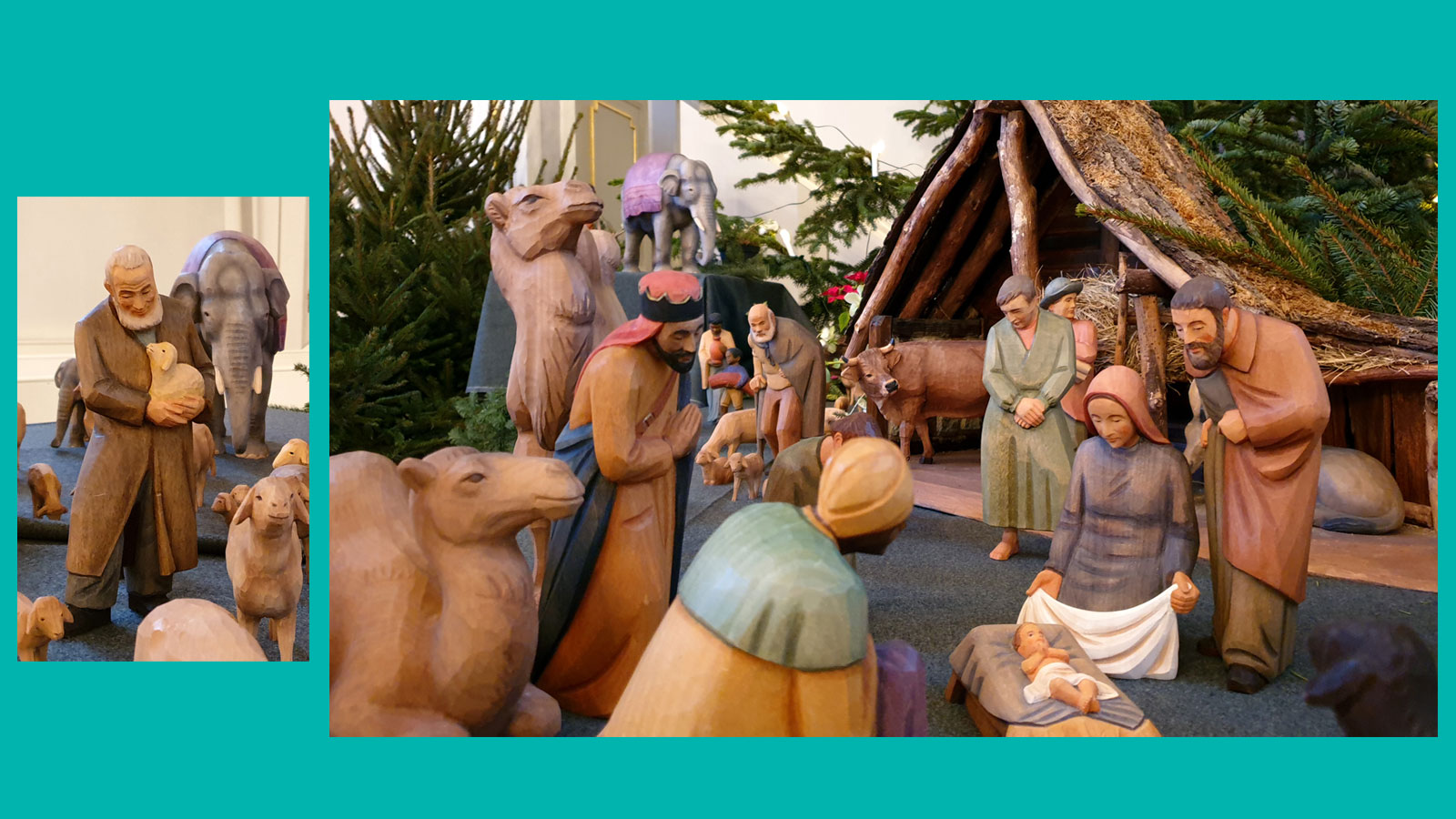 traditionelle Krippenfiguren aus Holz auf dem Altar