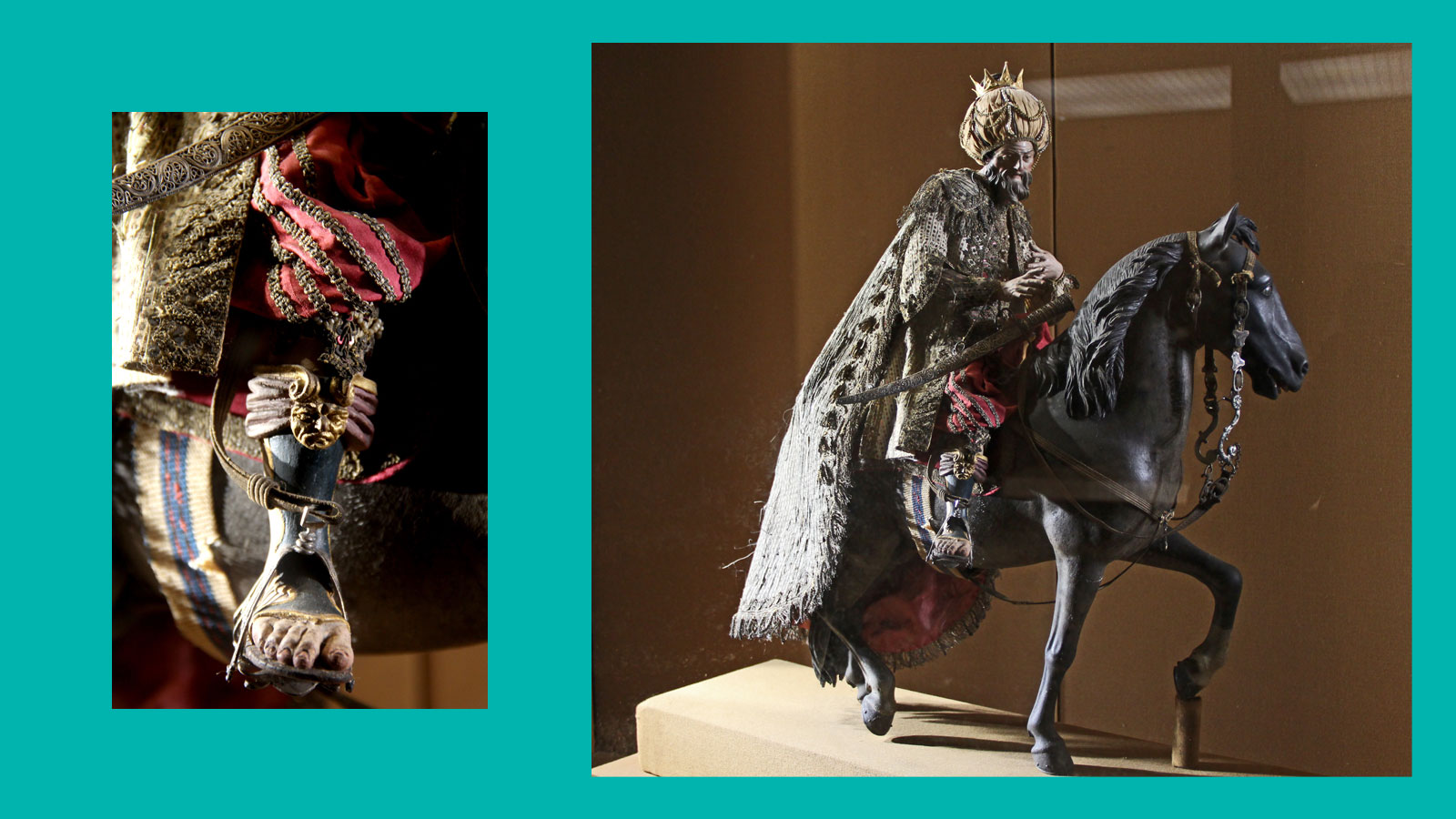 Krippenfigur eines der drei Weisen, aus Holz und verschiedenen Stoffen