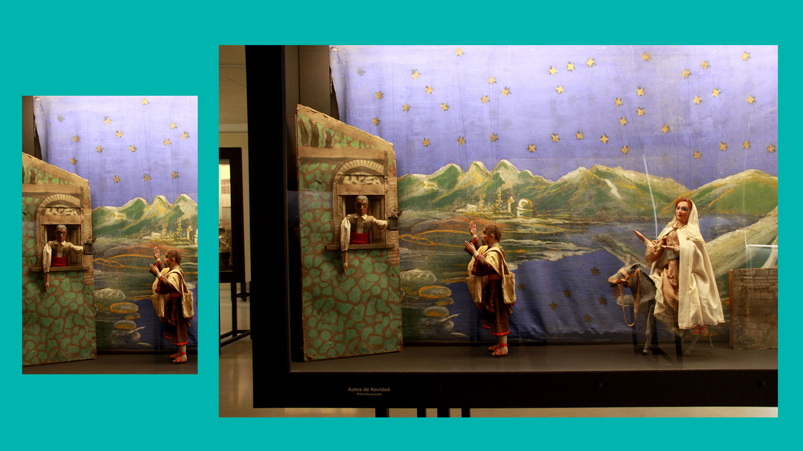 Theaterkulisse mit Herbergstür und drei Puppen