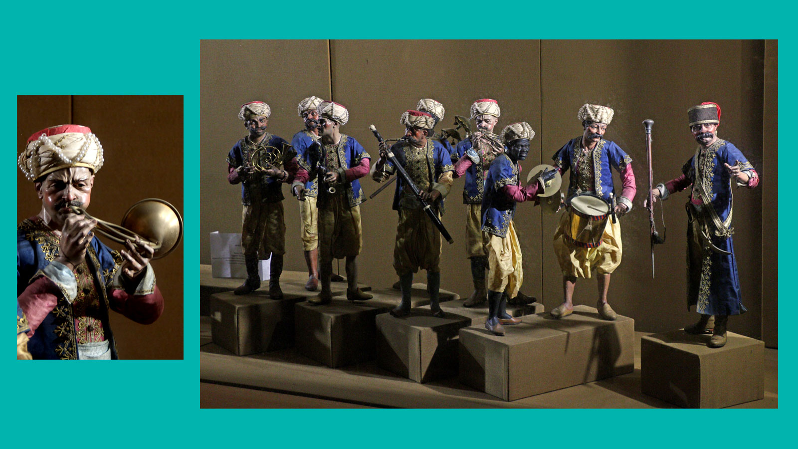 Puppen: Musikergruppe, aus Holz und mit orientalischen Kostümen aus edlen Stoffen, Turbane