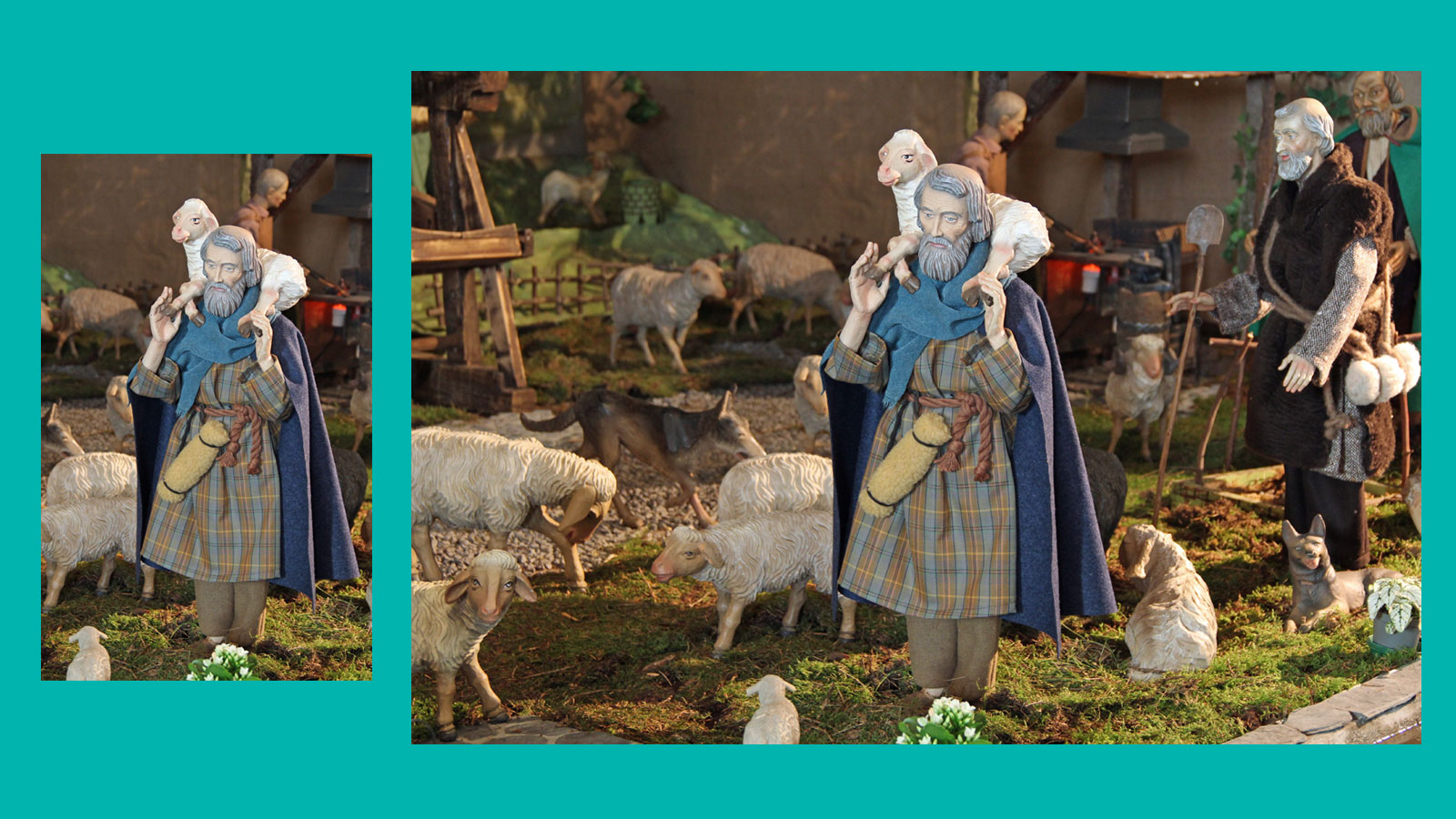 Detail aus der Krippenlandschaft: Sch&auml;fer mit Lamm auf den Schultern, weitere Schafe