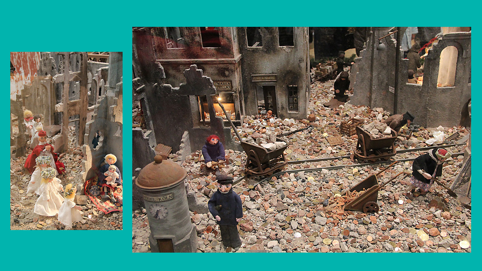 Krippenszene, die das in Tr&uuml;mmern liegenden K&ouml;ln zeigt