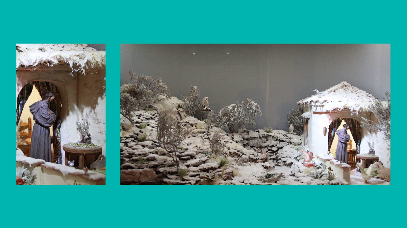 Winterlandschaft mit verschneitem Mauerwerk und B&auml;umen, Tiere auf den B&auml;umen  und dem Feld, M&ouml;nchsklause