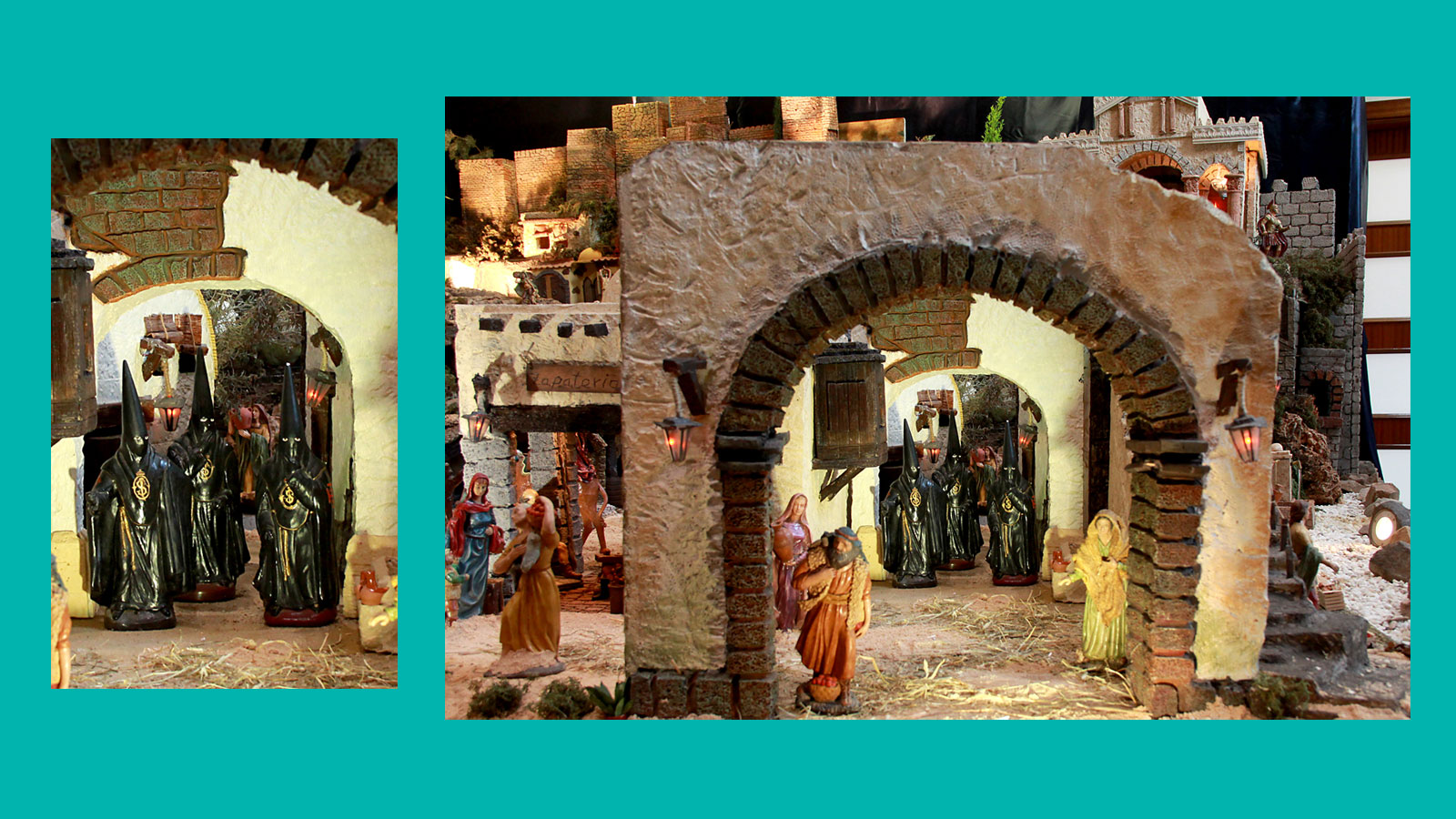 Stra&szlig;enszene in Malaga als Teil der Krippenlandschaft mit B&uuml;&szlig;rfiguren (Nazarener) in dunklen Roben mit spitzen Kapuzen