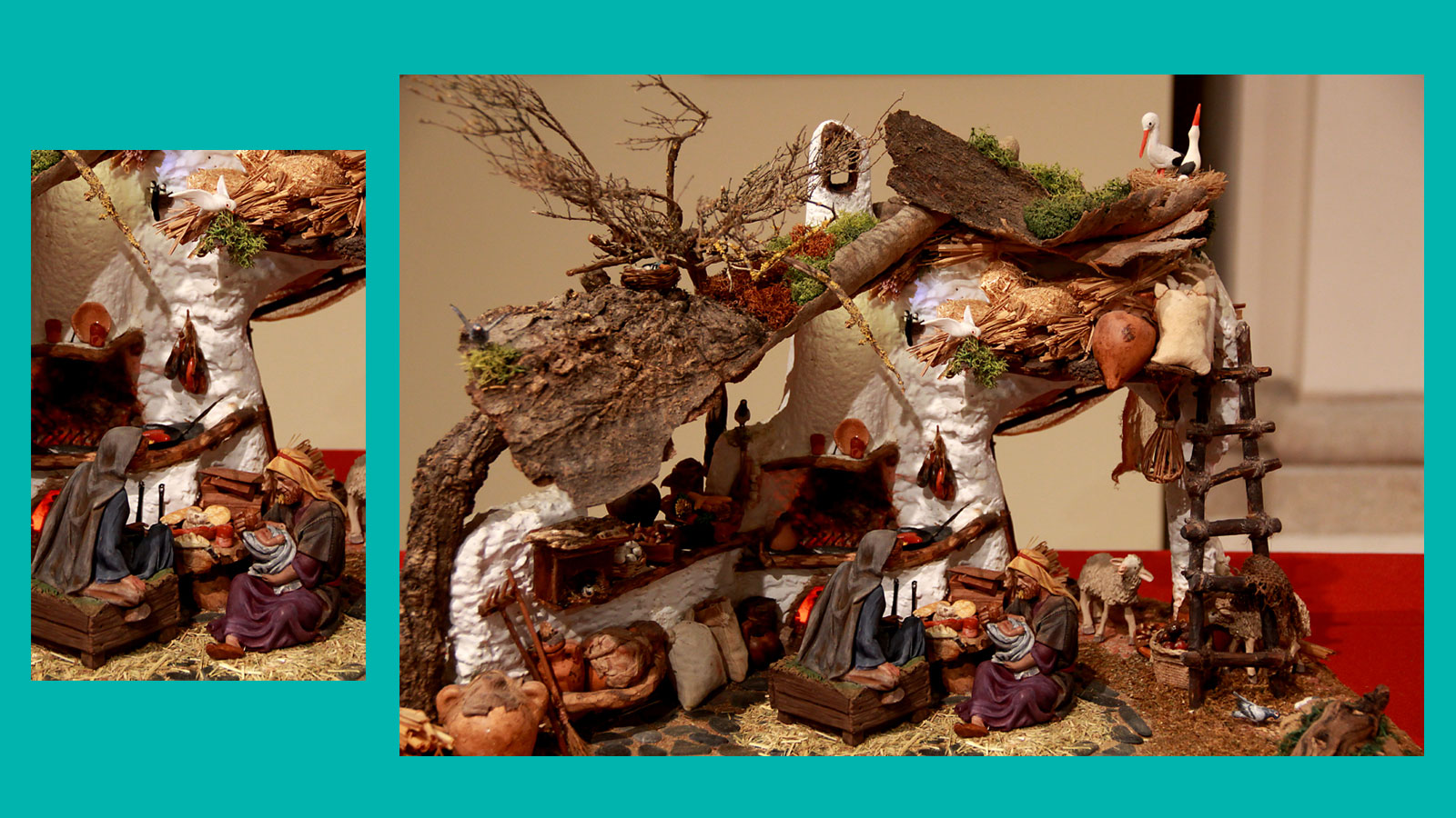 famili&auml;re Kriippenszene: in einem Raum mit Herdfeuer sitzen MAria und Josef, Josef wiegt das Jesuskind im Scho&szlig;, auf dem Dach br&uuml;ten St&ouml;rche