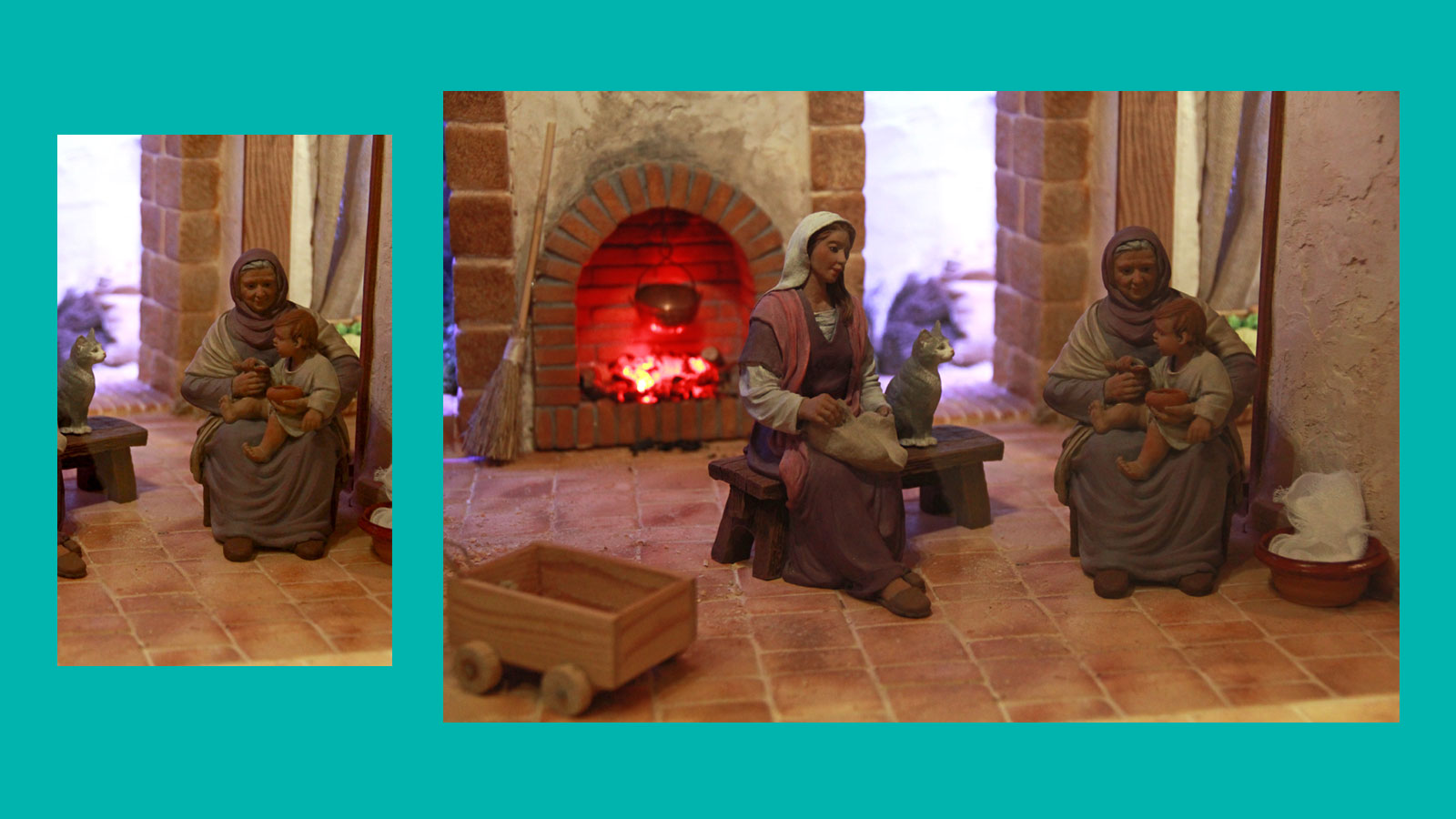 KAminfeuer im Hintergrund, im Vordergrund sitzen zwei Frauen: eine j&uuml;ngere und eine &auml;ltere. Die &auml;ltere Frau h&auml;lt ein kleines Kind auf dem Scho&szlig;.