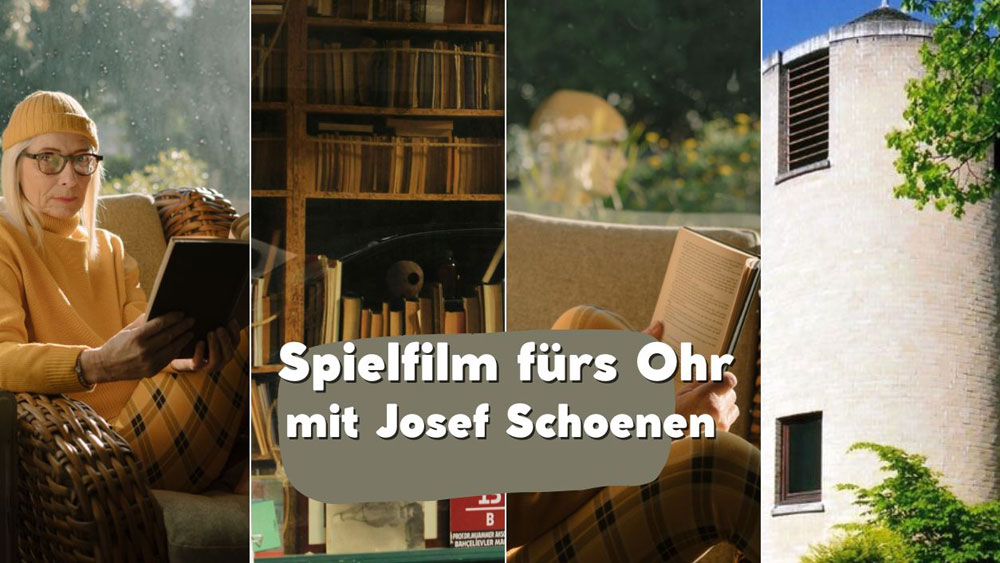 Symbolcollage: lesender Frau, B&uuml;cher und die Jonakirche