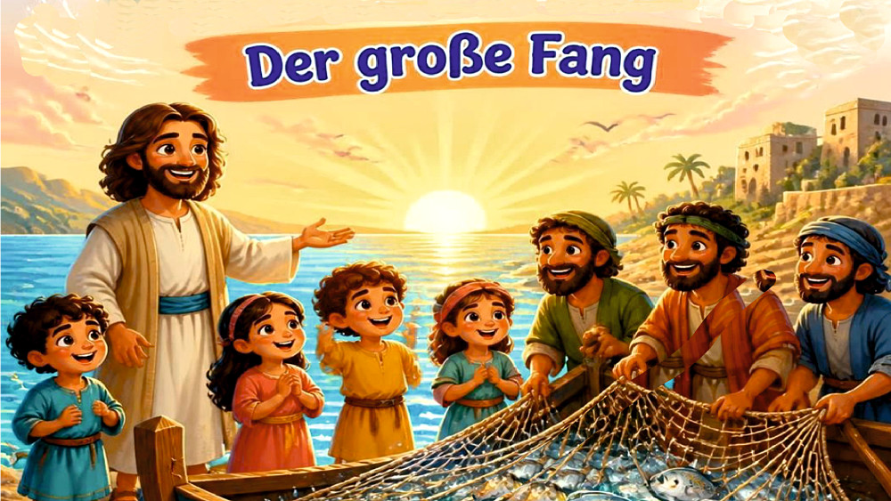 Symbolgrafik: Jesus und seine Freunde am Boot mit vielen Fischen im Netz