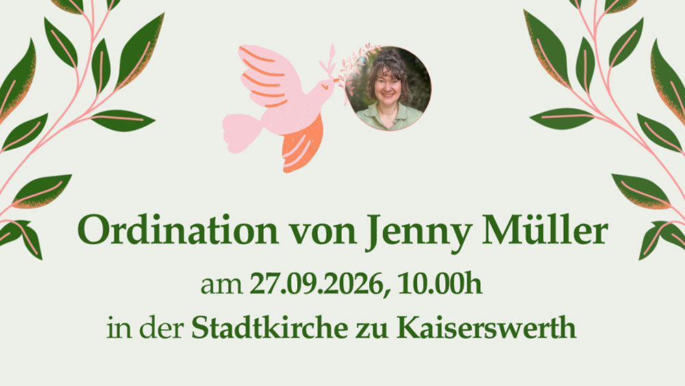 Symbolgrafik mit Portrait, Pflanzenranken und Friedenstaube