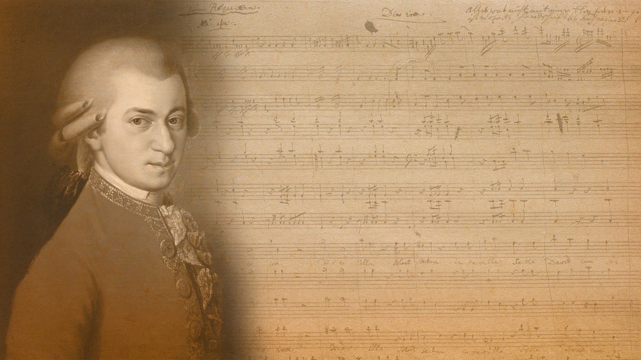 Bild von W.A. Mozart, im Hintergrund Noten