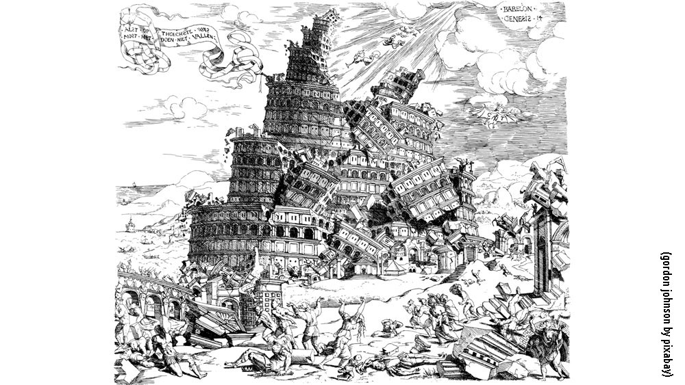 Schwarzweißzeichnung des zerstörten Turms zu Babel